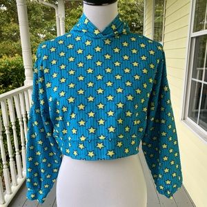 NWT Kaos Italy Blue Star Print Cropped Hooded Sweatshirt Size Small